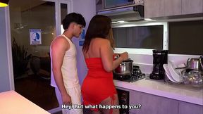 This sexy stepmother teaches her stepson a lesson while he'_s in the kitchen
