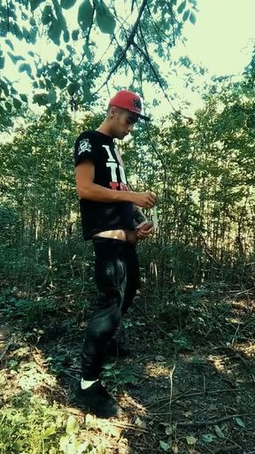 Twink Is Jerking with Used Condom Under Foreskin Outdoor
