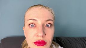 Blonde opens her natural blue eyes wide
