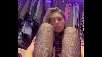 Trans girl shows you her fishnet feet before crushing you