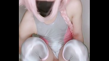 astolfo femboy in shiny swimsuit rides dildo and cums