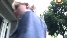 Oiled Blonde Rides Thick Dildo on Couch