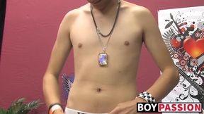 Barely legal twink Rany jerks off big cock solo for cumshot