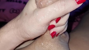 SISSYGASM. CROSSDRESSER JERKING HIS DICK WITH RED NAILS. Huge Cumshot