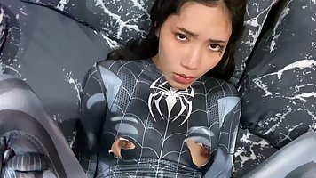Petite Asian Spider Girl can't hold her horny side