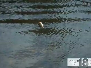 The babe Nika Nut decided to go fishing and caught a sex toy and masturbated in the boat on the natu