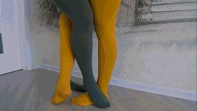 Crossing Legs in yellow and greene pantyhos c