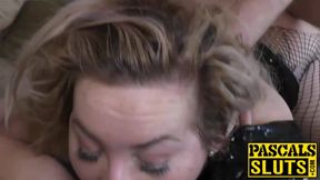 Hannah Blake deepthroats cock in black lingerie