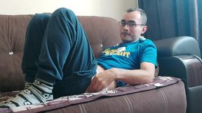 nerd with huge cock masturbates after college and cums hard