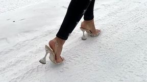 Clear slingback on ice, snow walk in sandals, snow walk on high heels, clear high heels, girl on snow