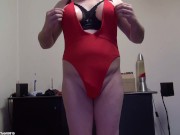 E-Cup Fake Boobs and too small red swimsuit. Shaved legs strapon tits crossdresser. No Audio.