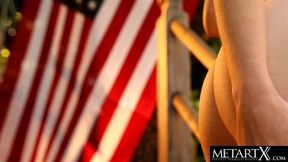 All American beauty in a stetson hat strokes her perfect pussy