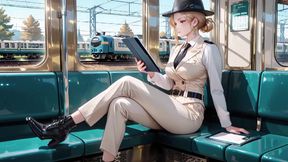 Leaning Against the Vintage Train Door, She Runs Her Hand Down Sheer Stockings While Gazing with a Cold yet Misty Look
