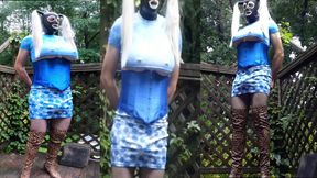 Corseted big fake tits crossdresser in thigh high boots and tight skirt BTS photoshoot cumming hard