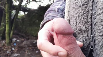 Public Cruising in Woods: Daddy Jerks Uncut Cock and Cums Twice