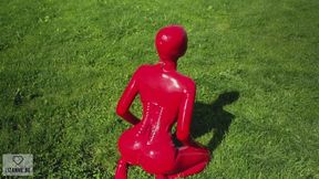Red catsuit in green grass