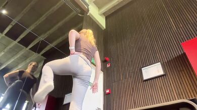 Blonde gym girl stretches her tight body raw solo