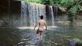 Muscular Asian Hunk Flexes in Speedo by Waterfall - Tight Ass &amp; Hole Tease, Strips Naked &amp; Explodes with Massive Cumshot