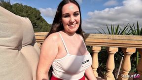 curvy natural big boobs girl at risky anal sex on balcony filmed with iphone at holiday trip