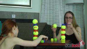 Two Lesbians in an Intimate Strip Ball Stacks Challenge