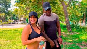 Latina girl Silvana Lee shows off her flawless body as she sucks and rides huge black cock in public