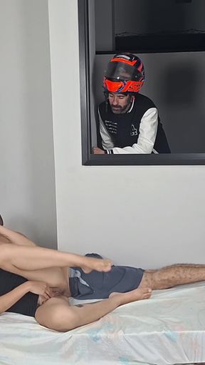 Motorcycle Courier on Couple Having Sex with Window Open