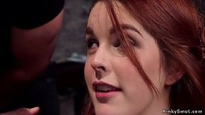 Little redhead slave trainee Amarna Miller in lingerie and rope bondage is tormented by master James Mogul then made ride big black cock Mickey Mod