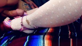 Cumshot on Pink Holo Pleaser Platform Heels with Pink OTK Socks