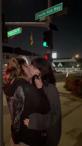 Lesbian amateurs kiss in public alternative setting