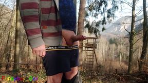 Dreamlike: I pee in the forest in the mountains and jerk off my thick cock with full balls.