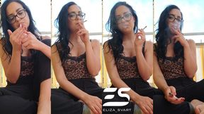 Barefoot outdoor smoke in sporty joggers and a tank top