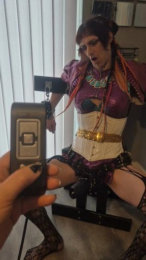 Domme Peggy DeVille edges and milks Tgirl bound to a bondage chair teases with the Tremblr remote