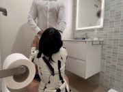 I meet the restaurant waiter in the bathroom, he fucks me, and I give him a blowjob until he cums