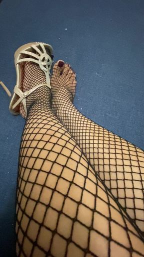 Sexy Asian Legs and Tiny Feet with Long Toes in Fishnet Stocking Wearing High Heels
