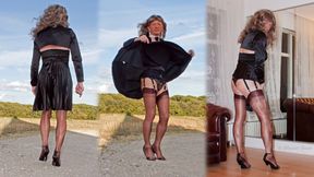 Blowing by the wind in a pleated satin gown and nylon stockings