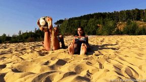 Sporty girls Anastasia and Olivia with big feet and a ball on a public beach (Part 1 of 6) #20211105