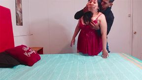 Stepmother in a Red Dress Making the Bed, Stepson Takes Her From Behind and Makes Her Moan