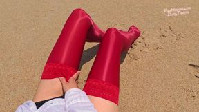 858 Shiny Red Spandex Stockings on the Beach