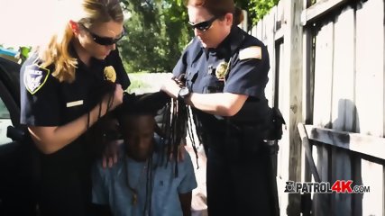 Guy with rhastas is taken and fucked in lonely alley by milf cops