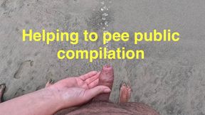 Girl helps to hold the dick while peeing public