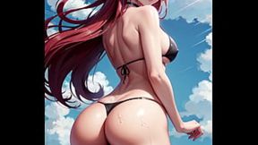 Teen anime nympho reveals her sultry beach bod, gets wet, and wanks her hairy muff