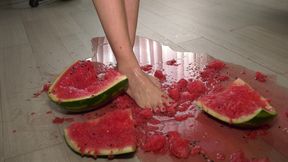 Busty MILF Presents Her Feet and Plays with a Watermelon