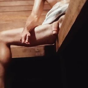 Sexy with long white dick plays with himself in the sauna until cumming