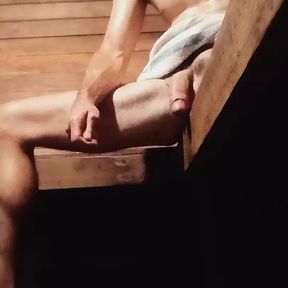 Sexy with long white dick plays with himself in the sauna until cumming