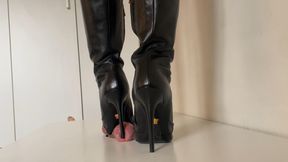 Lady Latisha - Black Leather Versace Overknee Stiletto Boots - Cock Trampling CBT Bootjob - POV