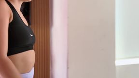 Beautiful blonde girl comes home hot after playing tennis and showers with clothes on