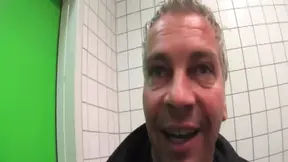 FFM threesome and mature anal in a public toilet with two guys in overknee boots