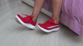 Wiggling my toes in my soft red sneakers aa
