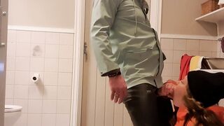 Sucking Off and wanking gigantic cock inside the WC into oily rainwear and latex boots