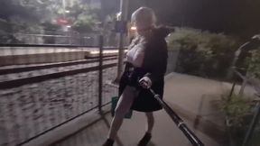 Sissy gets exposed riding massive dildo in public fur coat